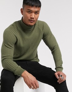 Вязаный джемпер цвета хаки с высоким воротником ASOS DESIGN-Зеленый