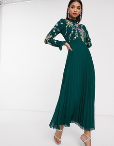 Платье макси с вышивкой и рукавами клеш ASOS DESIGN-Зеленый