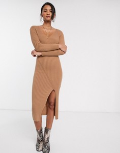 Трикотажное платье миди в рубчик с запахом ASOS DESIGN-Светло-бежевый