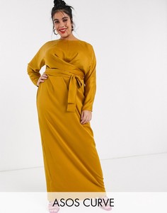 Атласное платье макси с запахом и рукавами \"летучая мышь\" ASOS DESIGN Curve-Желтый