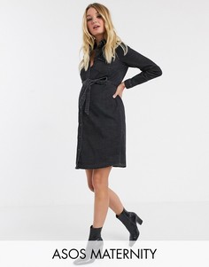 Черное джинсовое платье-рубашка с поясом Mamalicious Maternity-Черный Mama.Licious