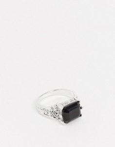 Серебристое кольцо-печатка с черным камнем Topman-Серебряный
