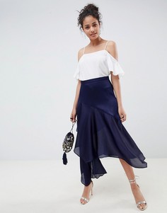 Атласная юбка миди с асимметричным краем ASOS DESIGN-Темно-синий