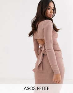 Топ в рубчик с высоким воротом и вырезом на спине ASOS DESIGN Petite-Коричневый