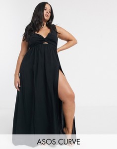 Черное пляжное платье макси с завязкой на спине и перекрученной отделкой ASOS DESIGN CURVE-Черный