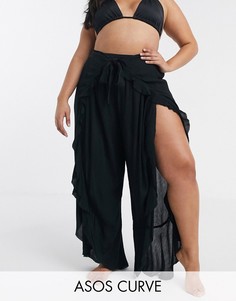 Пляжные брюки с разрезами и оборками ASOS DESIGN CURVE-Черный