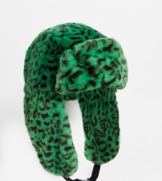Зеленая шапка-ушанка из искусственного меха с леопардовым принтом Reclaimed Vintage-Зеленый