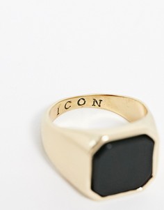 Золотистое кольцо-печатка с черным камнем Icon Brand-Золотой
