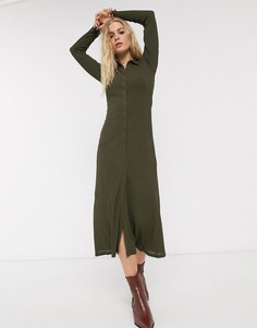 Платье-кардиган миди в рубчик цвета хаки Topshop-Зеленый
