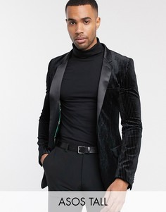 Черный супероблегающий пиджак-смокинг из плиссированного бархата ASOS DESIGN Tall