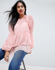 Прозрачная блузка из жатой ткани с пышными рукавами с оборками ASOS-Розовый