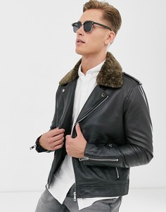 Кожаная байкерская куртка со съемным воротником из искусственного меха Barneys Originals-Черный