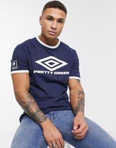 Темно-синяя футболка с контрастной отделкой и большим логотипом Pretty Green x Umbro-Темно-синий