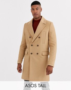 Бежевое двубортное пальто из ткани с добавлением шерсти ASOS DESIGN Tall-Коричневый