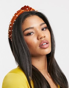 Оранжевая бархатная повязка на голову с искусственным жемчугом ASOS DESIGN-Оранжевый