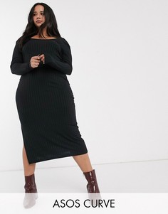 Платье миди с длинными рукавами и квадратным вырезом ASOS DESIGN Curve-Черный