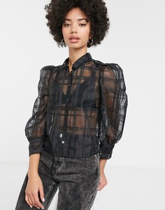 Черная блузка из органзы в клетку с пышными рукавами Monki-Черный
