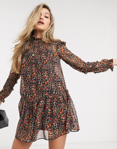 Платье мини с мелкими складками и цветочным принтом Topshop-Мульти