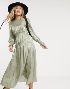 Шалфейно-зеленое платье миди со сборками Topshop-Зеленый