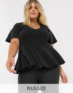 Черная футболка с баской и V-образным вырезом New Look Curve-Черный