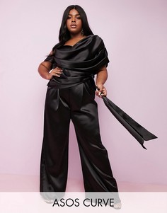 Широкий атласный премиум-комбинезон с поясом ASOS DESIGN Curve-Черный