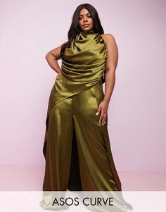 Атласный топ с удлиненным сзади краем ASOS DESIGN Curve-Зеленый