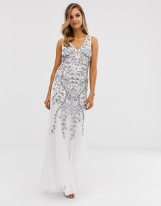 Платье макси с глубоким вырезом и пайетками City Goddess-Белый