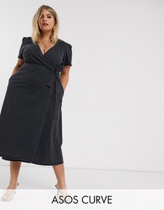 Черное джинсовое платье миди с запахом ASOS DESIGN Curve-Черный