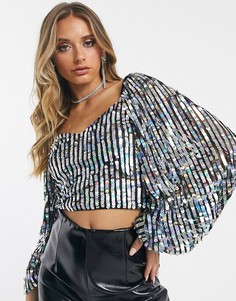 Топ с вырезом сердечком и отделкой пайетками ASOS DESIGN-Серебряный