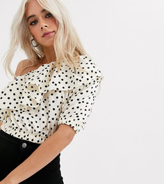 Кроп-топ на одно плечо в горошек с оборкой Topshop Petite-Кремовый