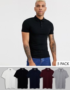Поло из трикотажа обтягивающего кроя ASOS DESIGN - Набор из 5 шт. со скидкой-Мульти