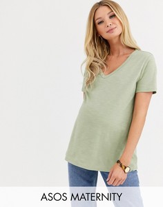 Трикотажная футболка цвета хаки с V-образным вырезом ASOS DESIGN Maternity-Зеленый
