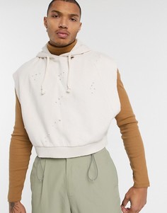 Короткий бежевый худи без рукавов с потертостями ASOS DESIGN