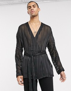 Черная рубашка в выжженную полоску с запахом ASOS DESIGN-Черный