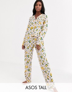Пижамная рубашка и брюки со звериным принтом из 100% вискозы ASOS DESIGN Tall-Мульти