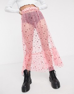 Сетчатая юбка миди со звездочками и оборкой по краю New Girl Order-Розовый