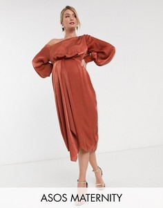 Платье миди на одно плечо из атласа ASOS DESIGN Maternity-Оранжевый