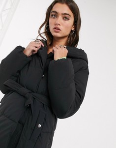 Черное дутое пальто с поясом Bershka-Черный