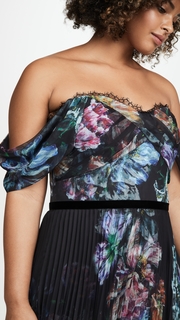 Marchesa Notte Off the Shoulder Printed Chiffon and Charmeuse Gown