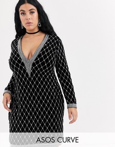 Бархатное платье мини с глубоким вырезом и длинными рукавами ASOS DESIGN Curve-Черный