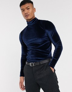 Темно-синяя обтягивающая велюровая водолазка ASOS DESIGN-Темно-синий