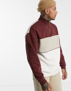 Бежевый/коричневый oversize-свитшот в стиле колор блок с короткой молнией ASOS DESIGN-Черный