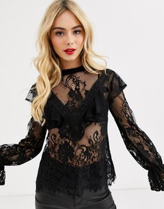 Черная кружевная блузка с длинными рукавами и оборками Abbey Clancy for Lipsy-Черный