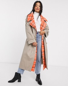 Тренч с отделкой в клетку ASOS DESIGN-Бежевый