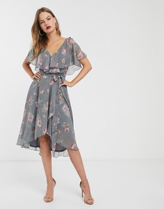Платье миди с цветочным принтом и разрезами на рукавах ASOS DESIGN-Мульти