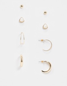 Набор из 4 пар золотистых серег (гвоздики с камнями/ кольца) ASOS DESIGN-Золотой