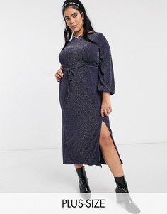 Темно-синее платье миди с длинными рукавами и завязкой New Look Curve-Темно-синий