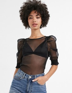 Черная блузка из органзы с пышными рукавами Monki-Черный
