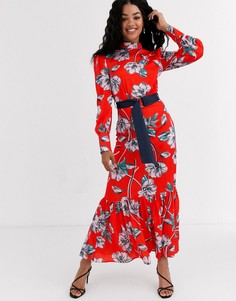Платье макси в викторианском стиле с цветочным принтом и оборками Liquorish-Красный