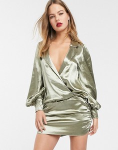 Блестящее атласное платье-рубашка миди ASOS DESIGN-Зеленый